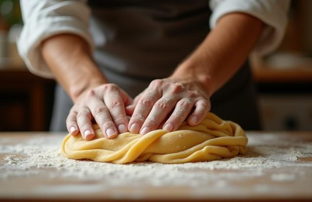 Skilled chef preparing fresh pasta dough by hand in a traditional Italian kitchen