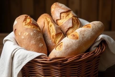 Rustic basket filled with various types of freshly baked Italian bread