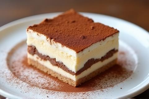 Classic portion of Tiramisu dessert served on a plate, dusted with cocoa powder