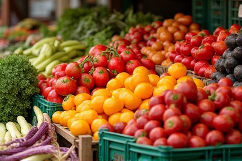 Colorful array of fresh, seasonal vegetables and fruits displayed at a local market stall