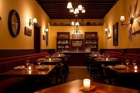Cozy and warmly lit interior of the trattoria dining room with tables set