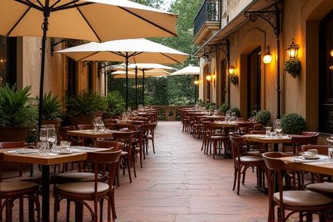 Inviting outdoor seating area on a patio with tables and chairs set up