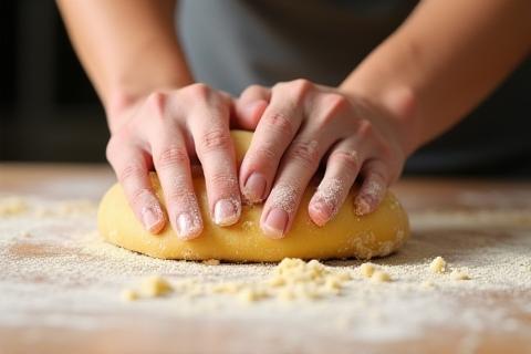 Hands kneading fresh pasta dough on a wooden surface