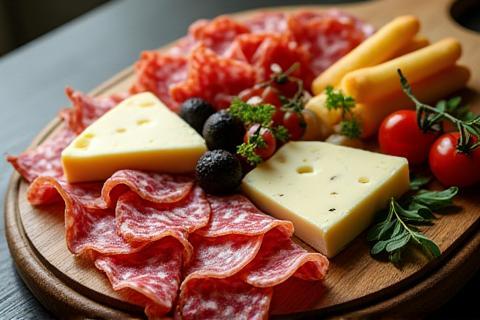 Beautifully arranged appetizer platter featuring selection of Italian cured meats and cheeses