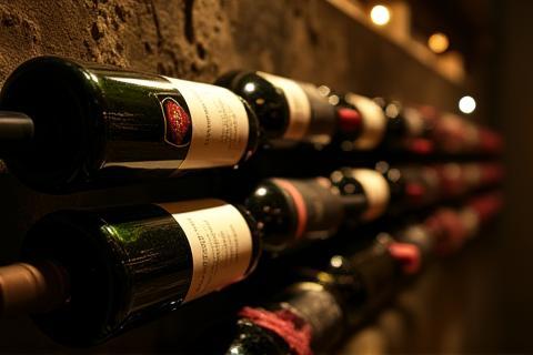 View of a rustic wine cellar wall showcasing a selection of Italian wine bottles