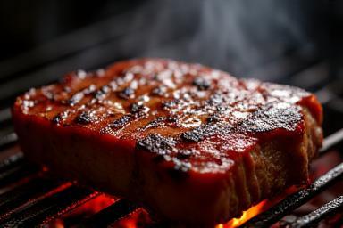 Thick-cut Bistecca alla Fiorentina steak grilling over coals, showing perfect char