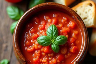 Rustic ceramic bowl filled with thick Pappa al Pomodoro soup, garnished with basil