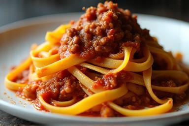 Plate piled high with handmade tagliatelle pasta covered in a rich, slow-cooked meat ragu sauce
